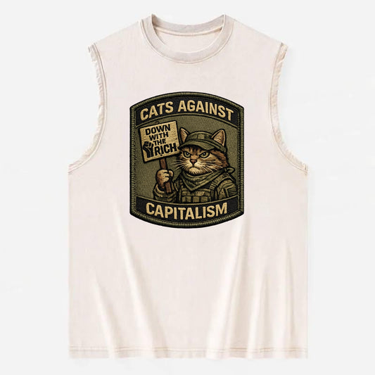 CATS AGAINST CAPITALISM - cat with protest sign in red , political cat - Vintage Washed Tank - Beige