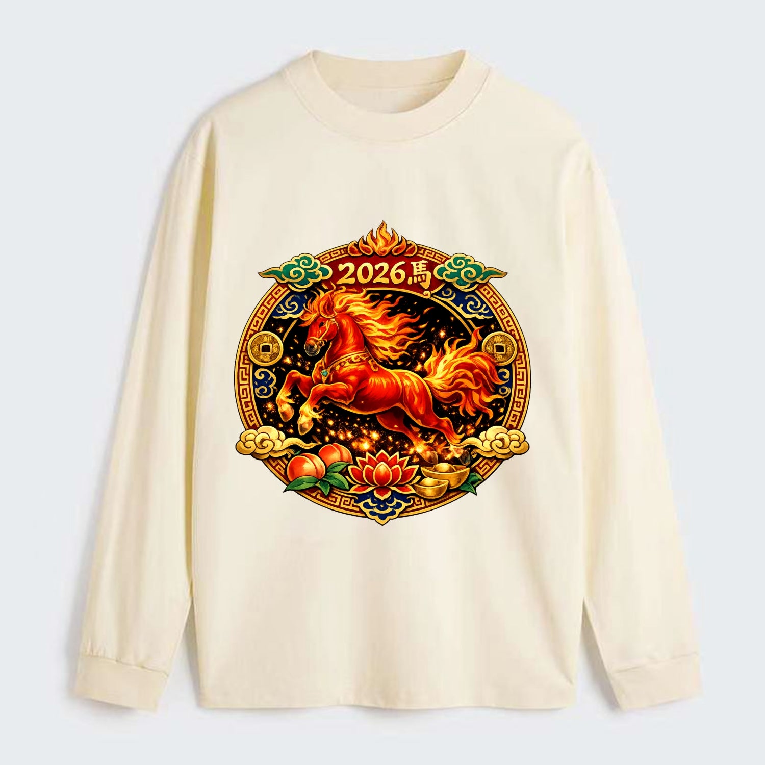 FIRE HORSE | Flaming mane and tail horse | Blazing orange and red - Classic Long Sleeve Shirt - Beige