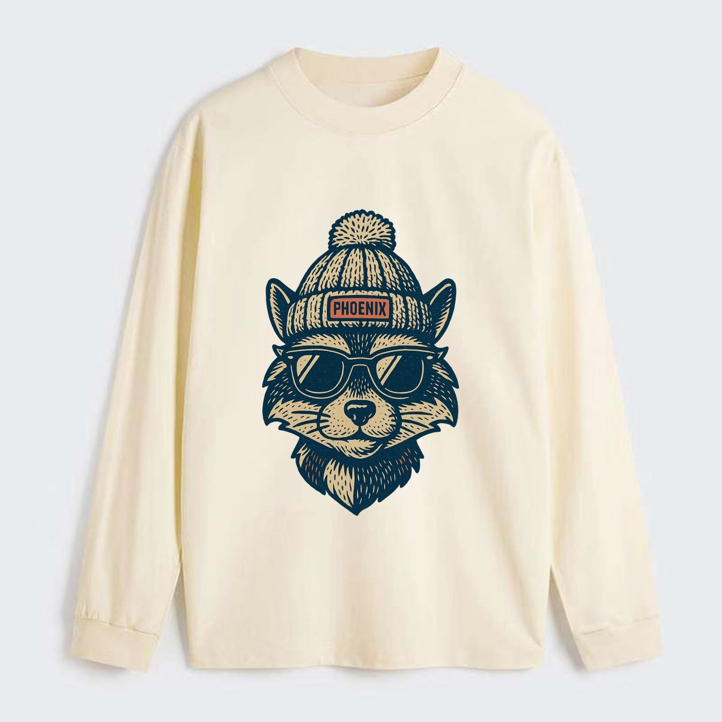 Arizona Ringtail wearing Phoenix beanie with pom pom and wayfarer - Classic Long Sleeve Shirt - Beige