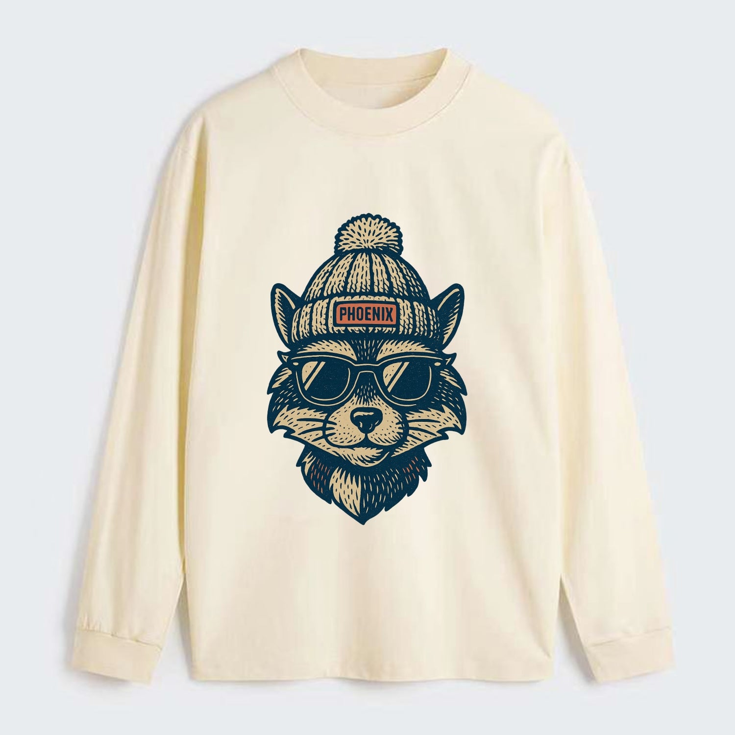 Arizona Ringtail wearing Phoenix beanie with pom pom and wayfarer - Classic Long Sleeve Shirt - Beige