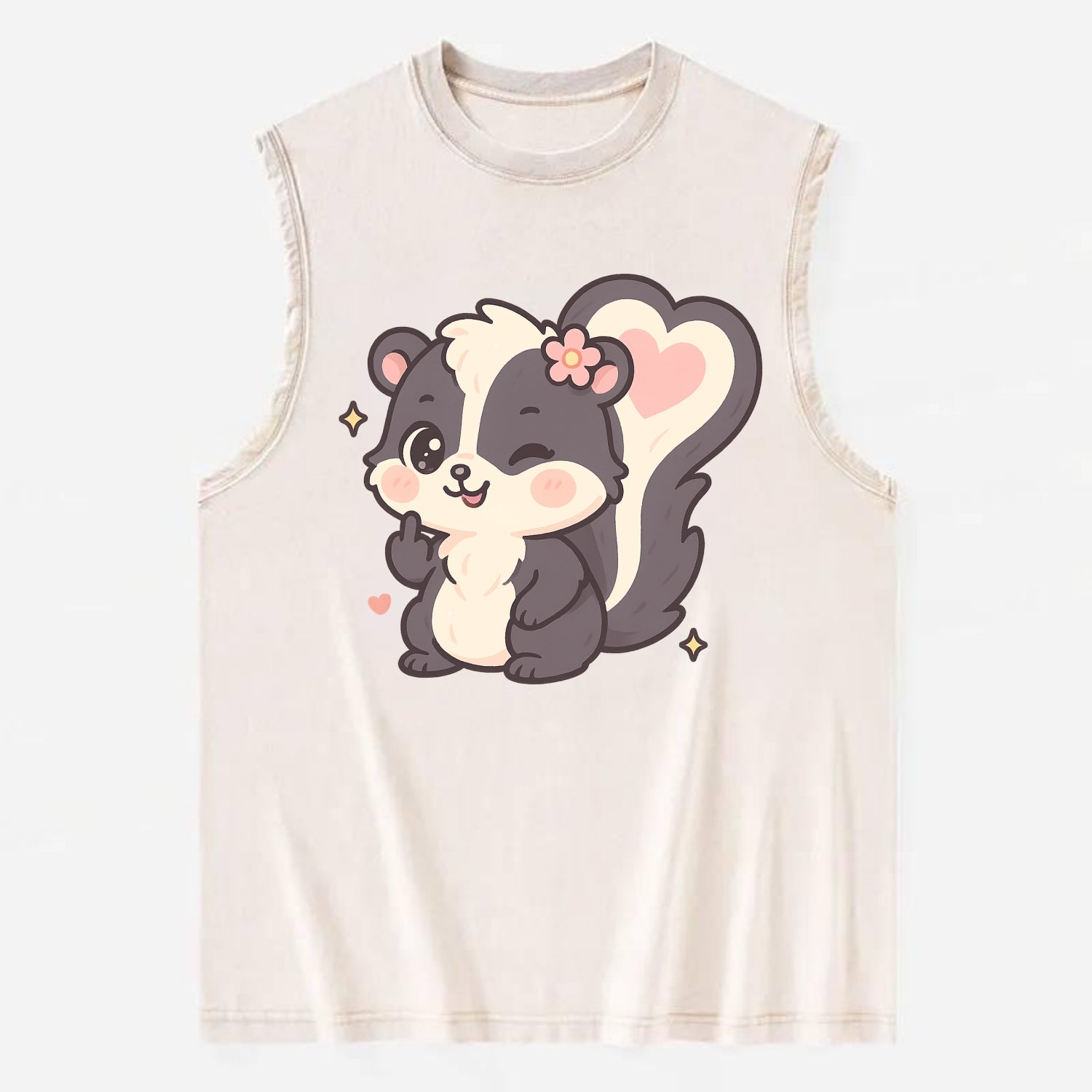fluffy skunk with heart-shaped tail pattern, one paw up showing sass - Vintage Washed Tank - Beige