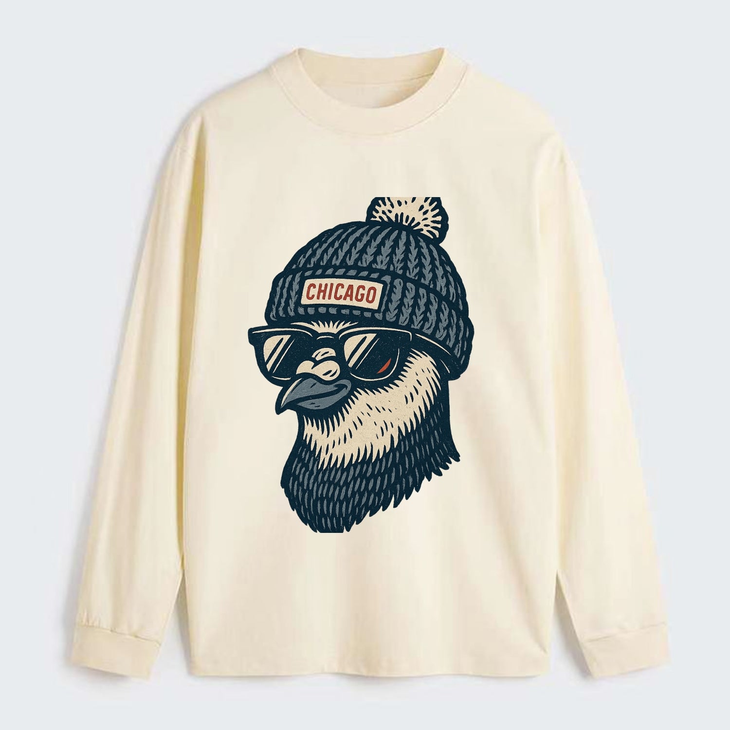 Chicago Pigeon wearing Chicago beanie with pom pom and wayfarer - Classic Long Sleeve Shirt - Beige