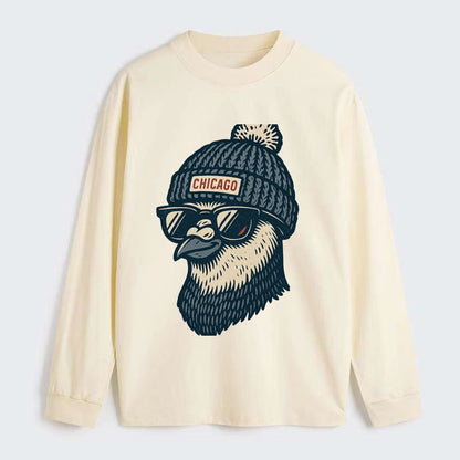 Chicago Pigeon wearing Chicago beanie with pom pom and wayfarer - Classic Long Sleeve Shirt - Beige