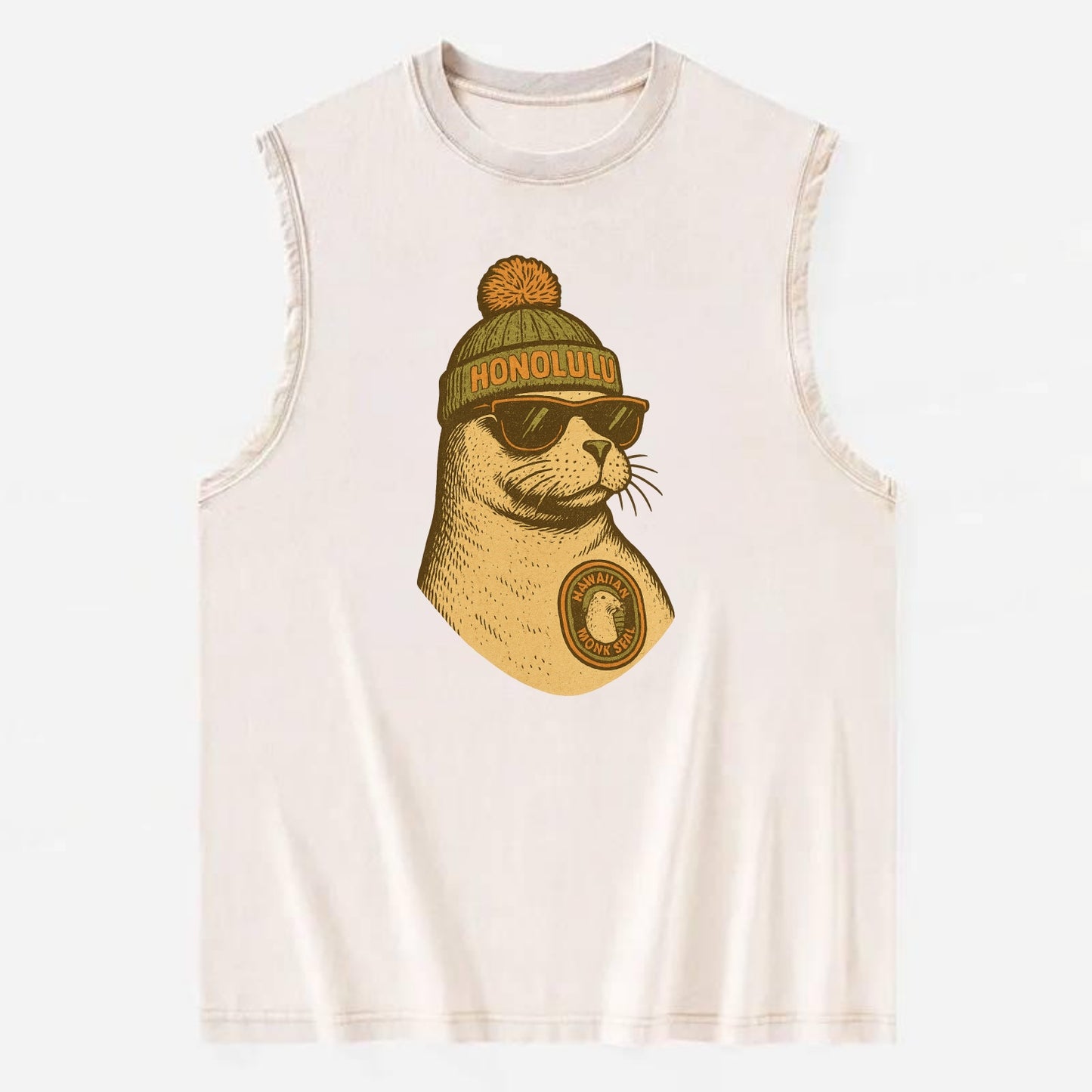 Hawaii Monk Seal wearing Honolulu beanie with pom pom and wayfarer sunglasses - Vintage Washed Tank - Beige