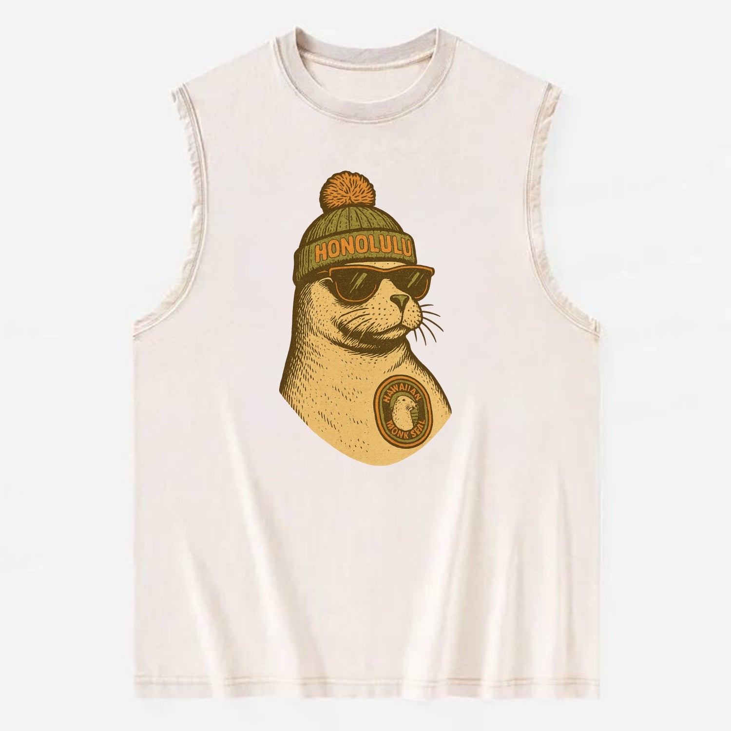 Hawaii Monk Seal wearing Honolulu beanie with pom pom and wayfarer sunglasses - Vintage Washed Tank - Beige