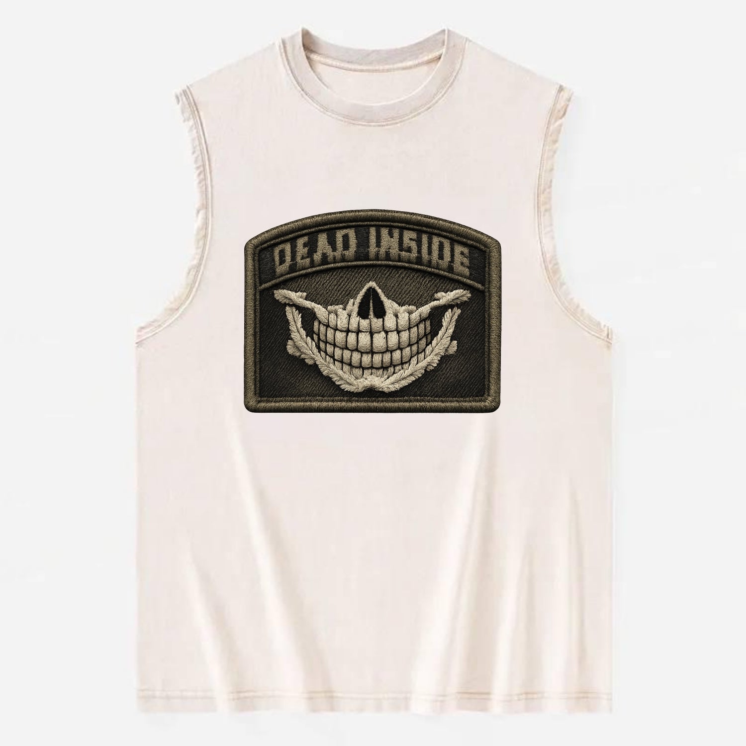 DEAD INSIDE SMILE - skeleton smile in white , dark humor - Vintage Washed Tank - Beige