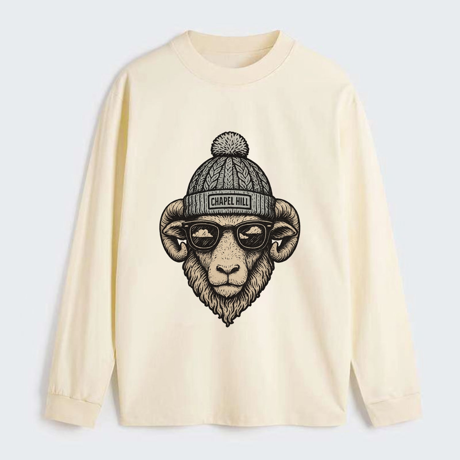 Chapel Hill Tar Heel Ram wearing UNC bea - Classic Long Sleeve Shirt - Beige