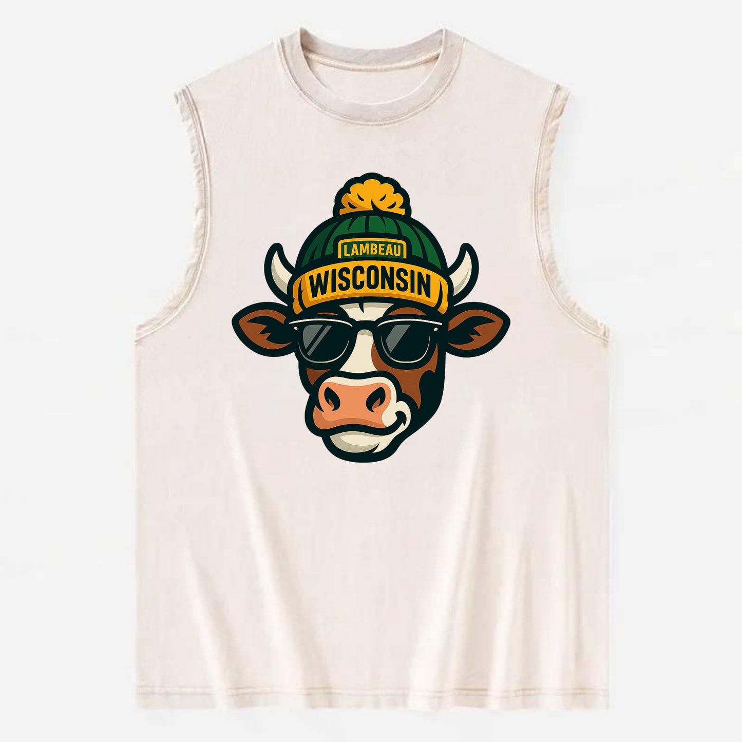 Wisconsin Cow wearing Packers beanie with Lambeau patch and wayfarer - Vintage Washed Tank - Beige