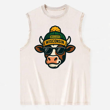 Wisconsin Cow wearing Packers beanie with Lambeau patch and wayfarer - Vintage Washed Tank - Beige