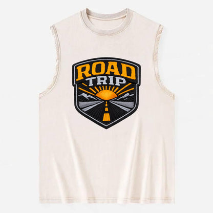 ROAD TRIP - highway and sun in orange and gray , open road - Vintage Washed Tank - Beige