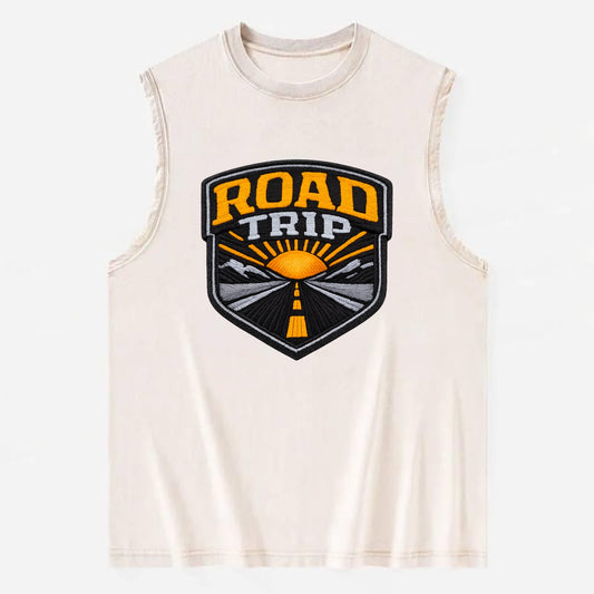 ROAD TRIP - highway and sun in orange and gray , open road - Vintage Washed Tank - Beige