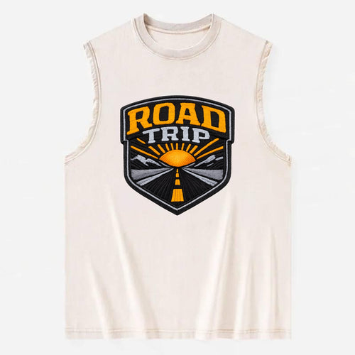 ROAD TRIP - highway and sun in orange and gray , open road - Vintage Washed Tank