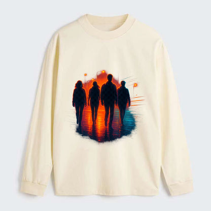 gang of silhouettes walking together at sunset by the beach - Classic Long Sleeve Shirt - Beige