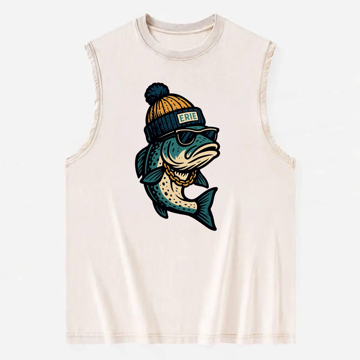 Erie Lake Trout wearing Erie beanie with - Vintage Washed Tank - Beige