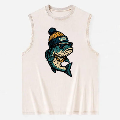 Erie Lake Trout wearing Erie beanie with - Vintage Washed Tank - Beige