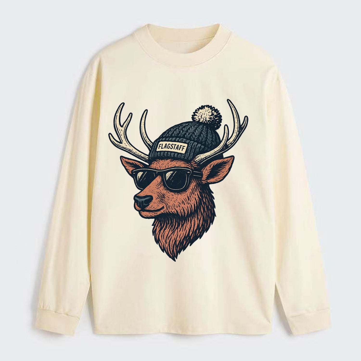 Flagstaff Elk wearing Flagstaff beanie with pom pom and wayfarer - Classic Long Sleeve Shirt - Beige