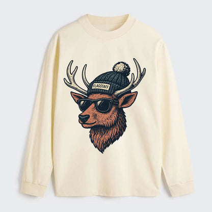 Flagstaff Elk wearing Flagstaff beanie with pom pom and wayfarer - Classic Long Sleeve Shirt - Beige