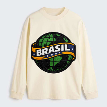 BRAZILIAN FLAG GLOBE - green globe with banner in green yellow blue , - Classic Long Sleeve Shirt - Beige