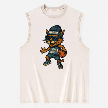 French Quarter Cat wearing Pelicans beanie with Mardi Gras patch and wayfarer - Vintage Washed Tank - Beige