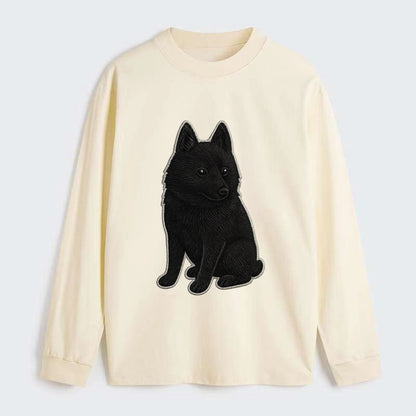 Schipperke - Solid black small embroidered sitting pose - Classic Long Sleeve Shirt - Beige
