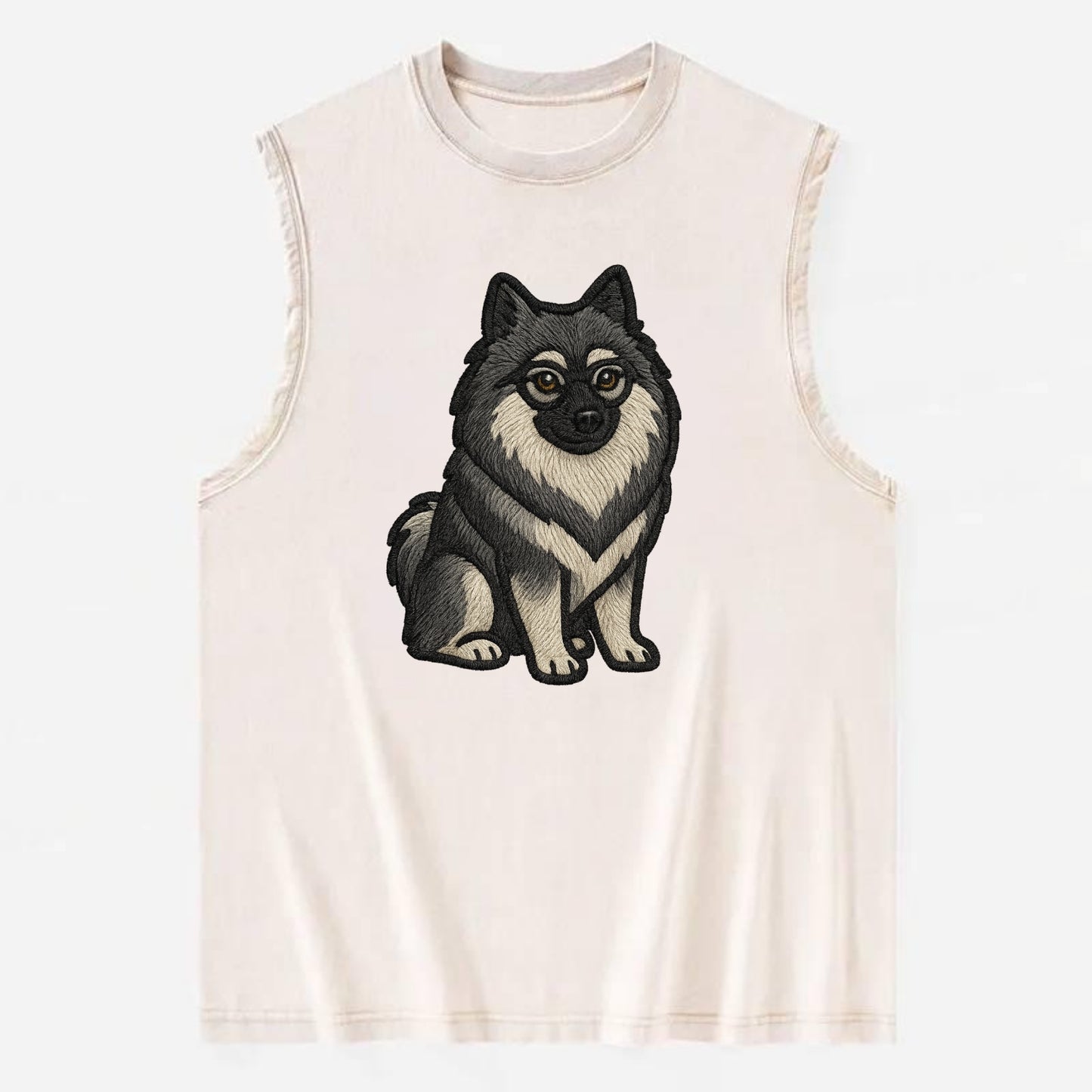 Keeshond - Gray and black spectacles embroidered design - Vintage Washed Tank - Beige