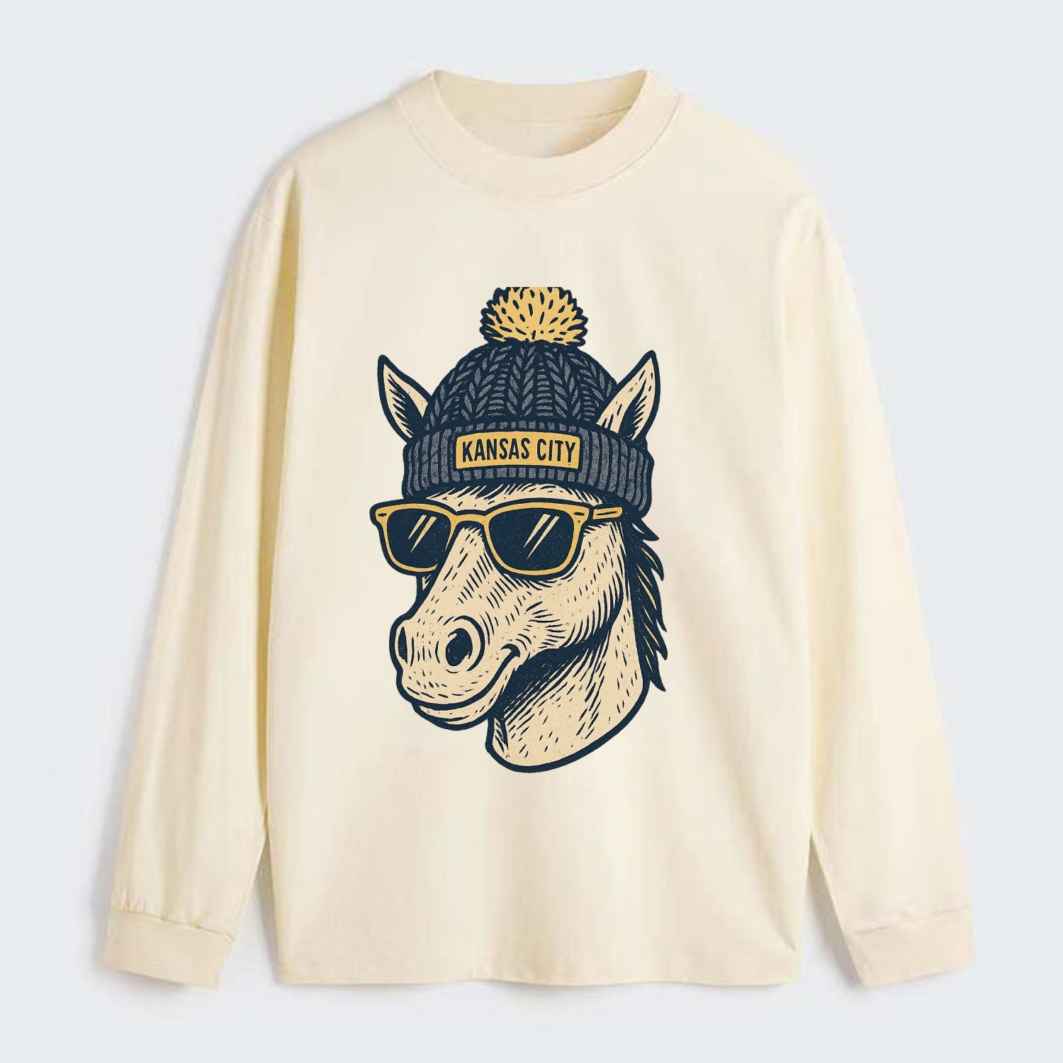 Missouri Mule wearing Kansas City beanie with pom pom and wayfarer - Classic Long Sleeve Shirt - Beige