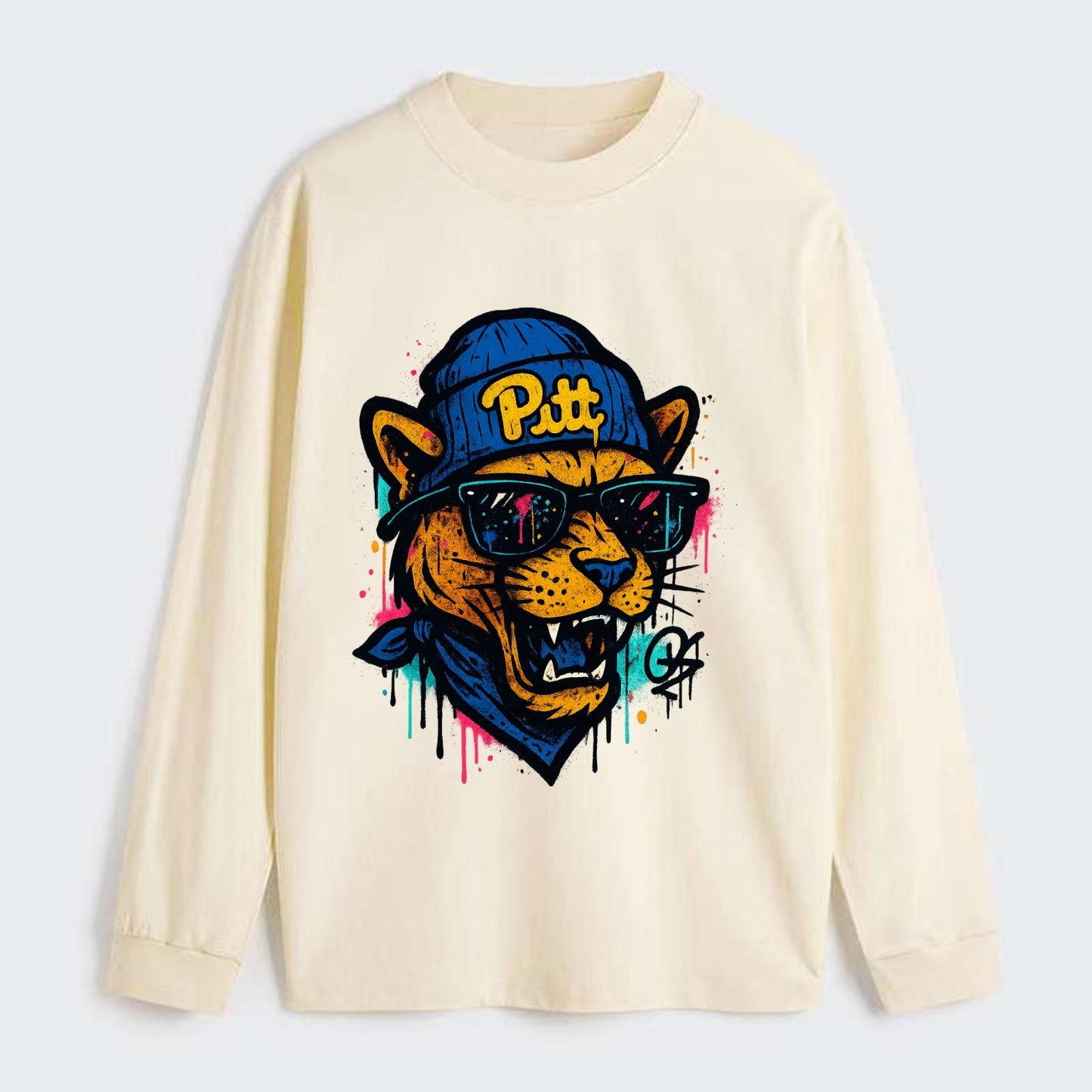 Pittsburgh Panther wearing Pitt beanie with script patch - Classic Long Sleeve Shirt - Beige