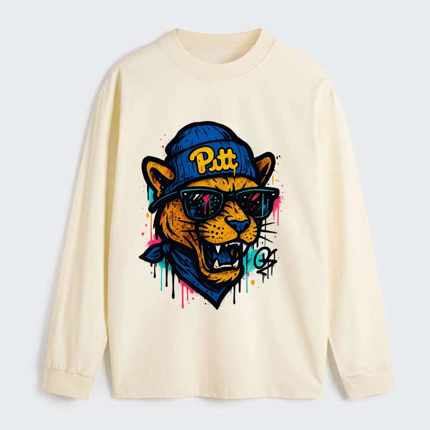 Pittsburgh Panther wearing Pitt beanie with script patch - Classic Long Sleeve Shirt - Beige