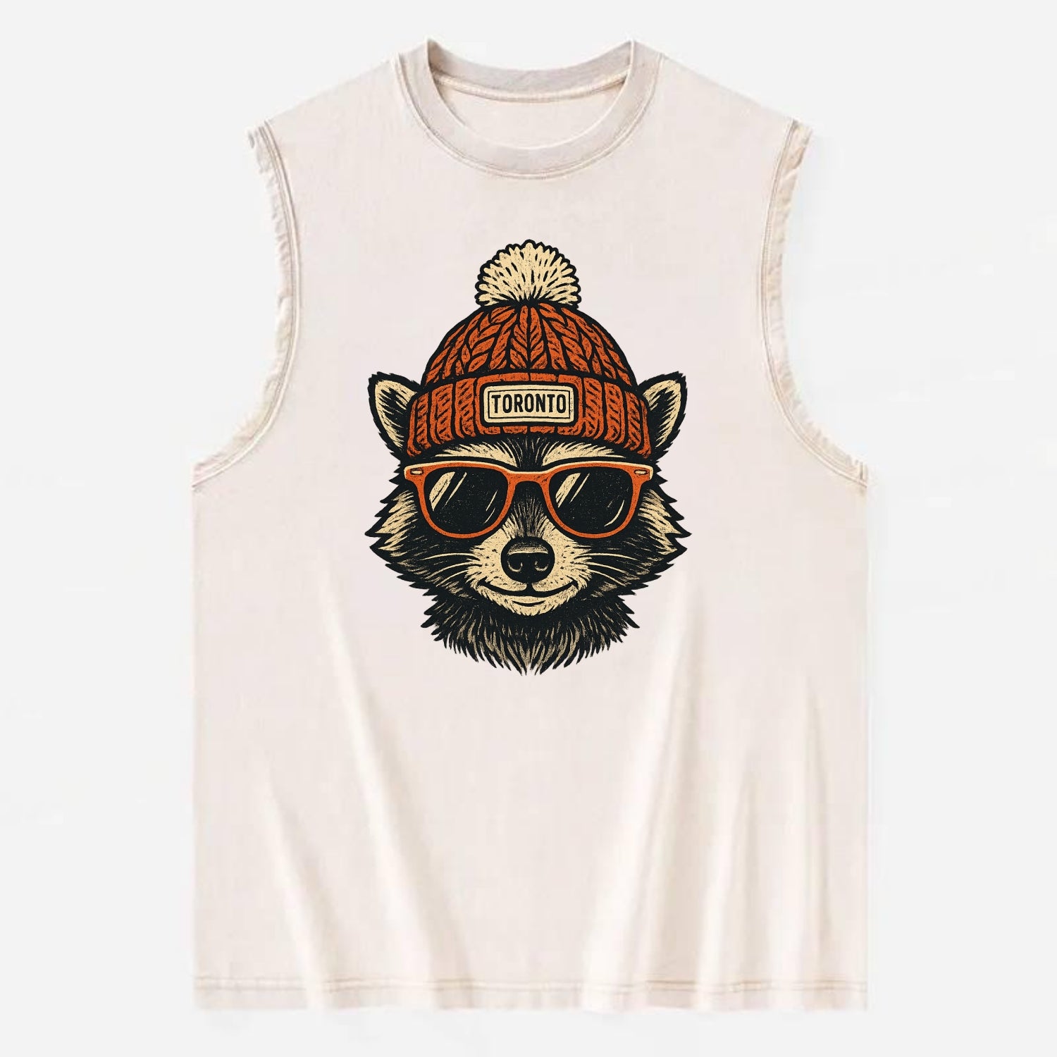 Toronto Raccoon wearing Toronto beanie with pom pom and wayfarer sunglasses - Vintage Washed Tank - Beige
