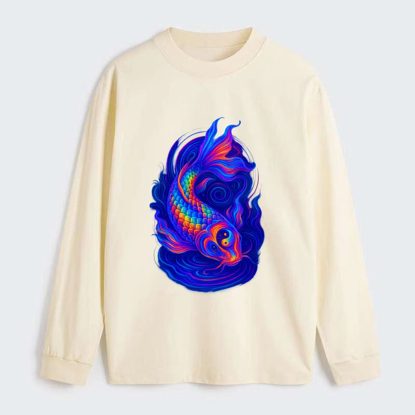 Sacred koi with scales reflecting rainbow prisms, yin-yang patterns in - Classic Long Sleeve Shirt - Beige