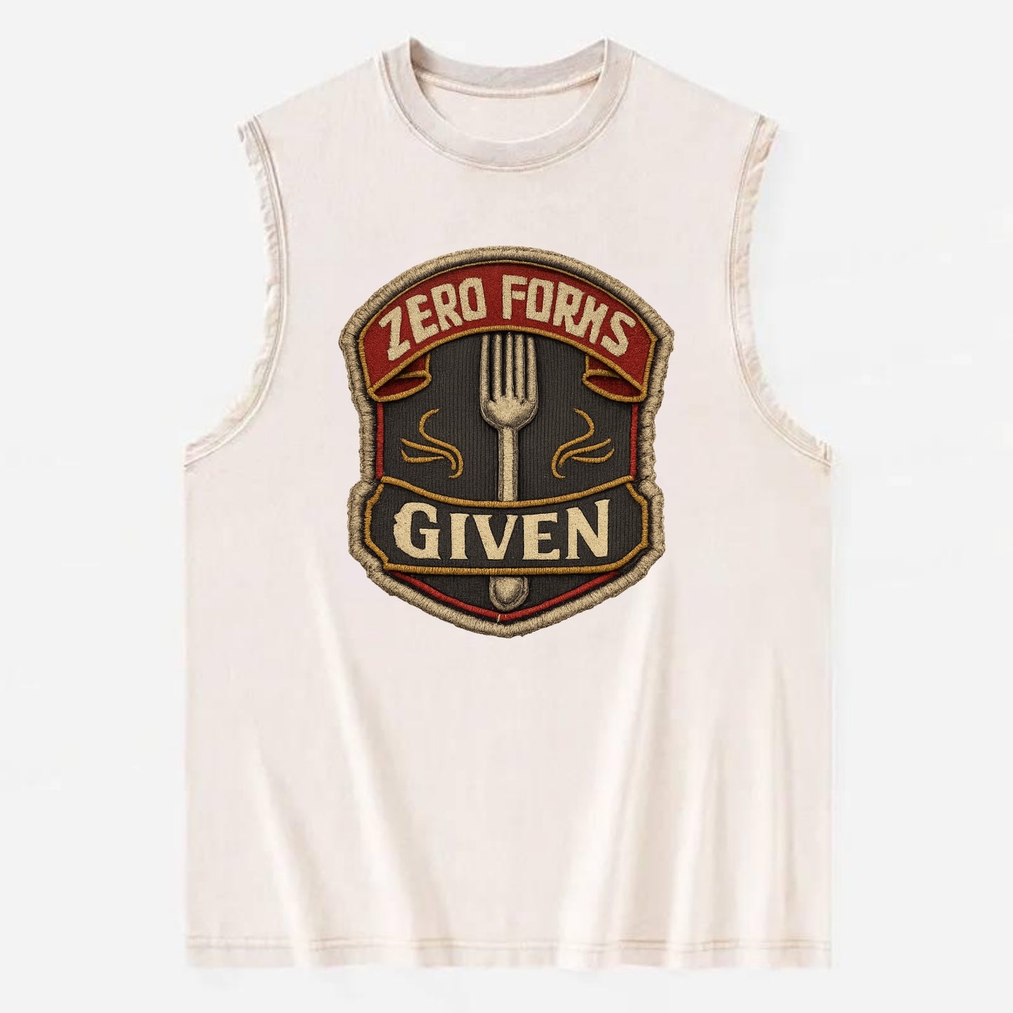 ZERO FORKS GIVEN - fork with text in silver , no cares attitude - Vintage Washed Tank - Beige