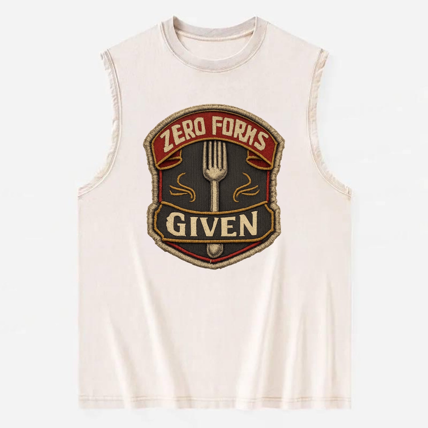 ZERO FORKS GIVEN - fork with text in silver , no cares attitude - Vintage Washed Tank - Beige