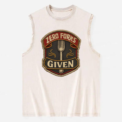 ZERO FORKS GIVEN - fork with text in silver , no cares attitude - Vintage Washed Tank - Beige