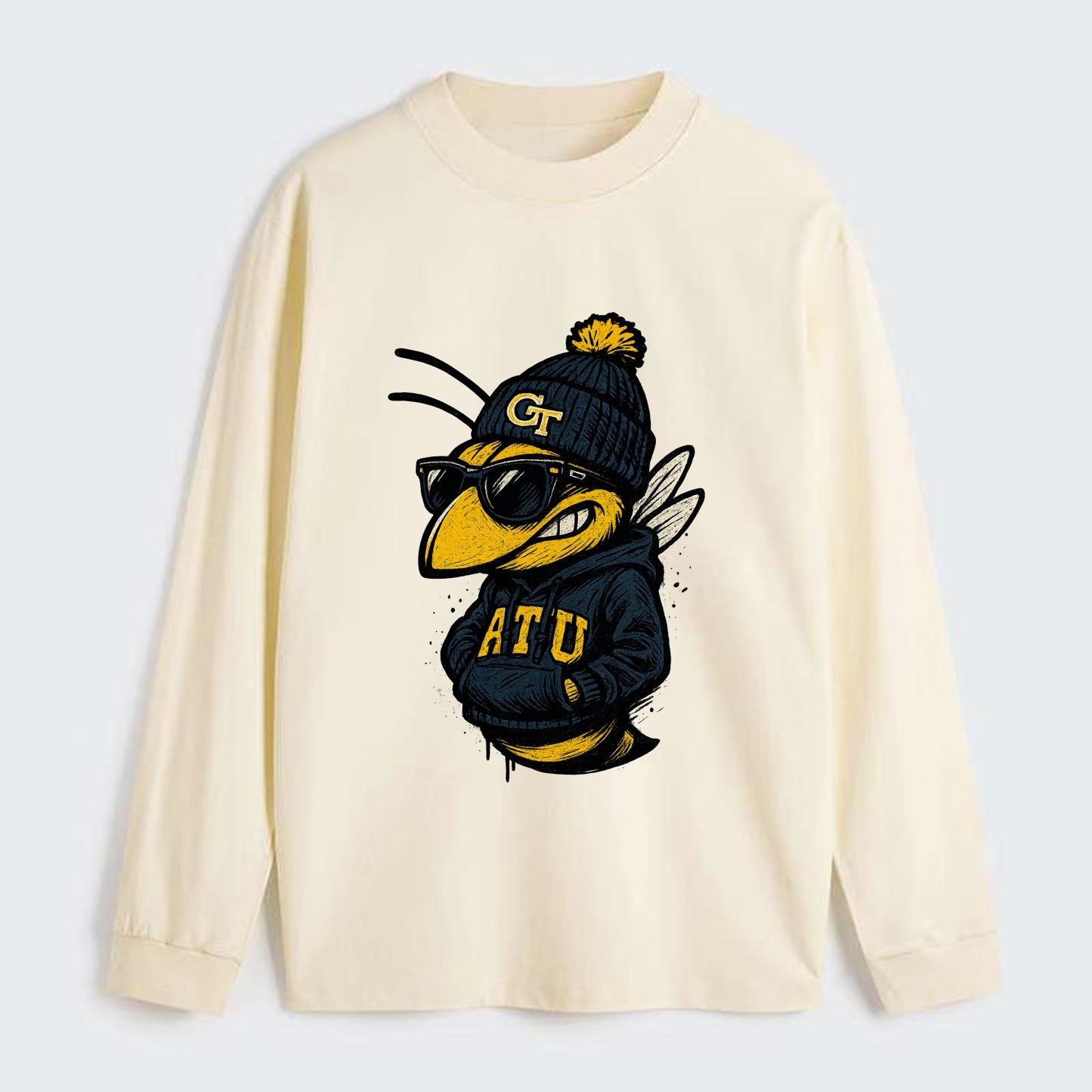 Atlanta Yellow Jacket wearing Georgia Tech beanie with GT patch - Classic Long Sleeve Shirt - Beige