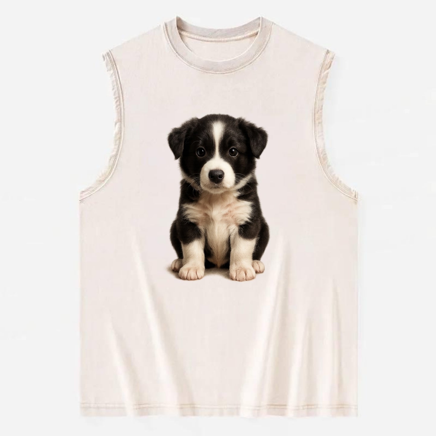 Baby Border Collie Puppy - black and white, intense smart eyes, athletic - Vintage Washed Tank - Beige