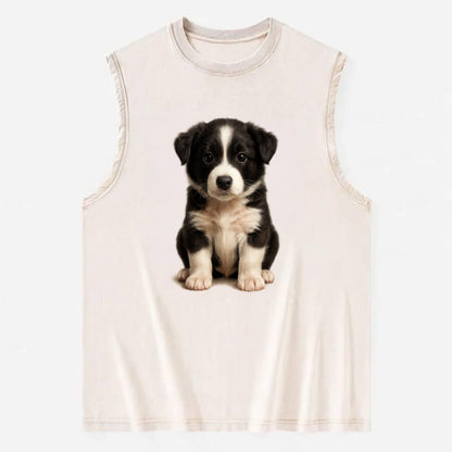 Baby Border Collie Puppy - black and white, intense smart eyes, athletic - Vintage Washed Tank - Beige