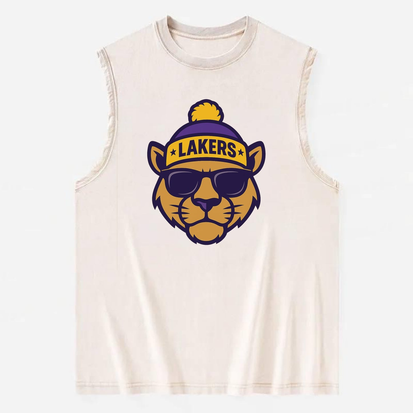 LA Mountain Lion wearing Lakers purple and gold beanie with championship - Vintage Washed Tank - Beige