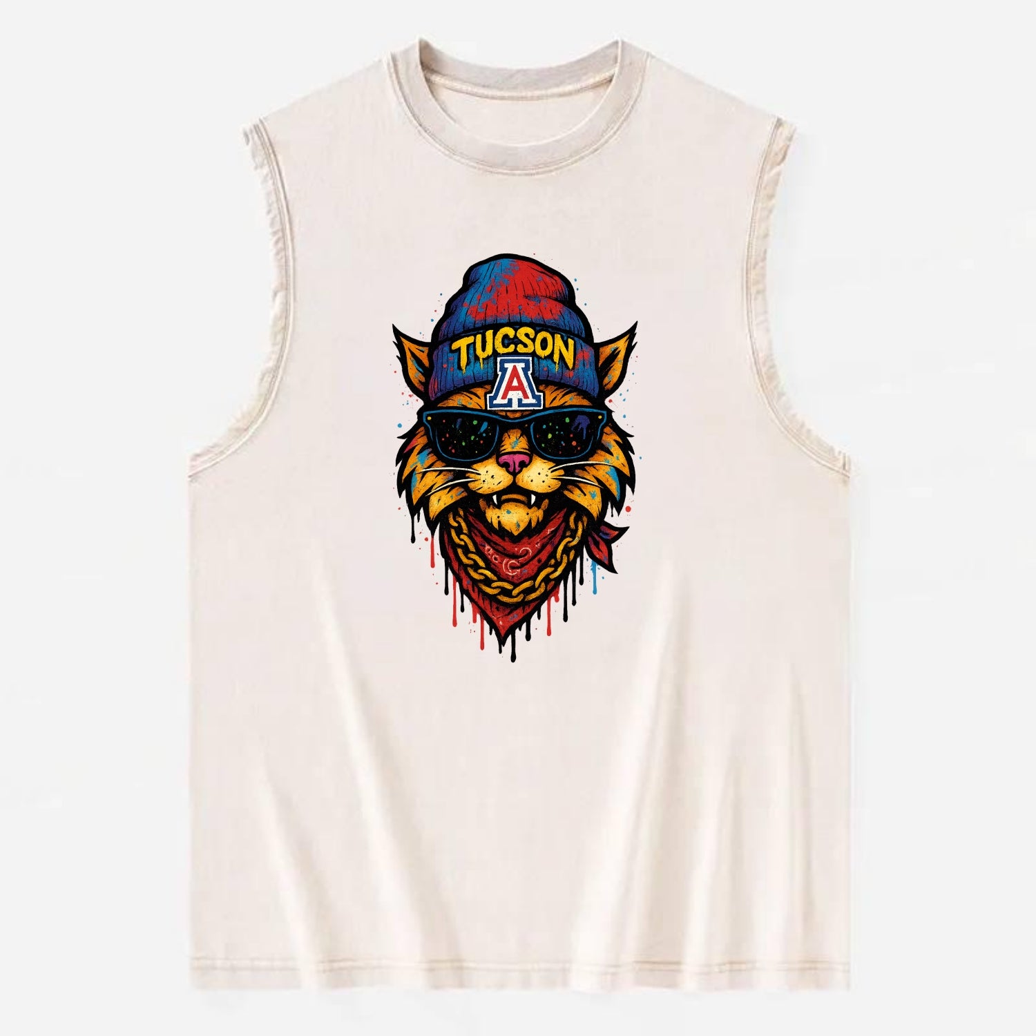 Tucson Wildcat wearing Arizona beanie with A patch - Vintage Washed Tank - Beige