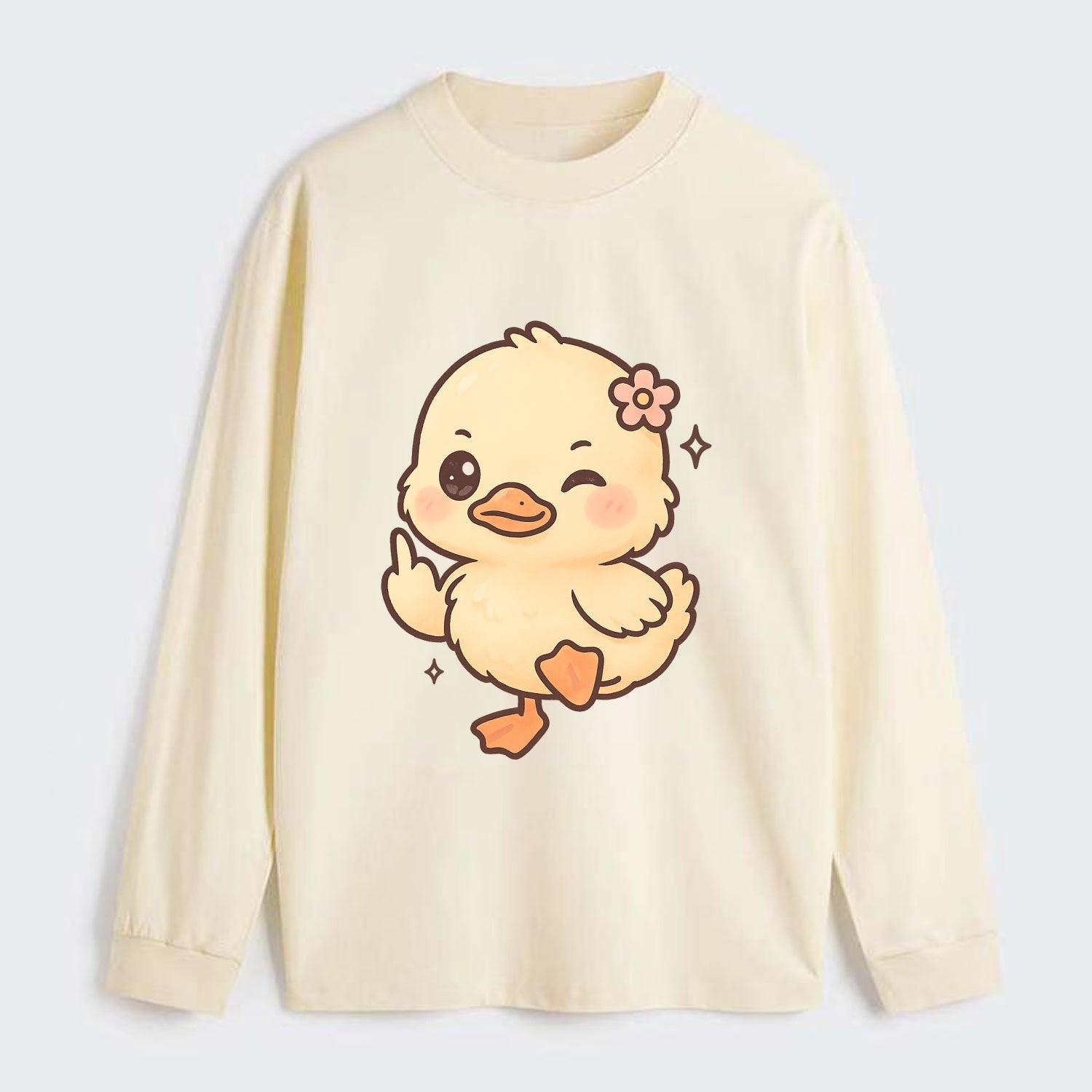 fluffy baby duck with small flower, one webbed foot raised sassily - Classic Long Sleeve Shirt - Beige
