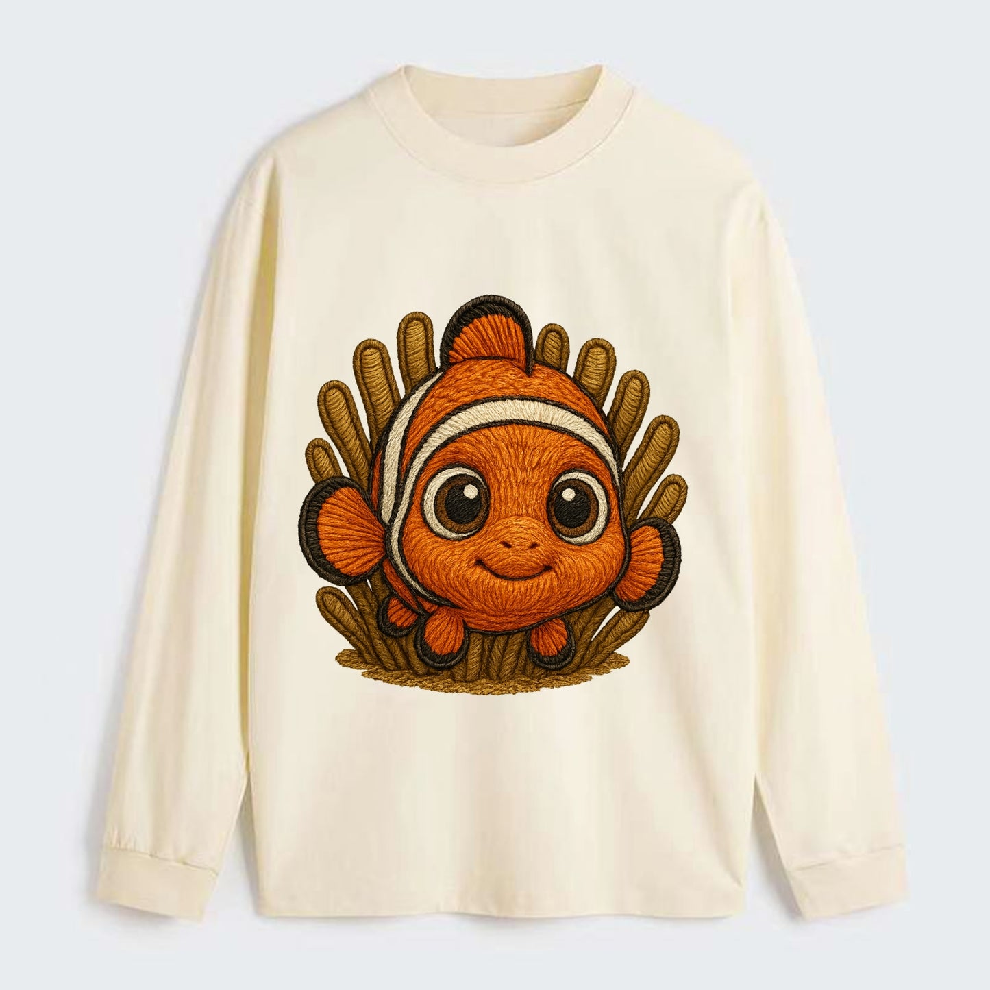 Baby Clownfish - orange with white stripes, big round eyes, - Classic Long Sleeve Shirt - Beige