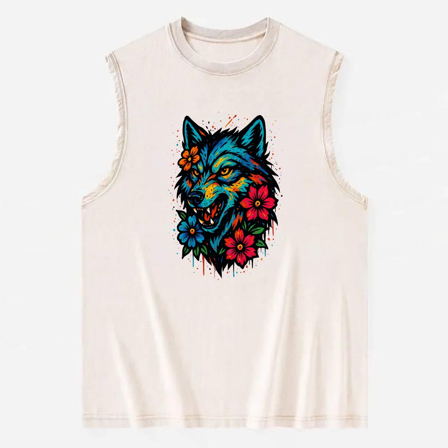 Floral Wolf Garden  - Vintage Washed Tank - Beige