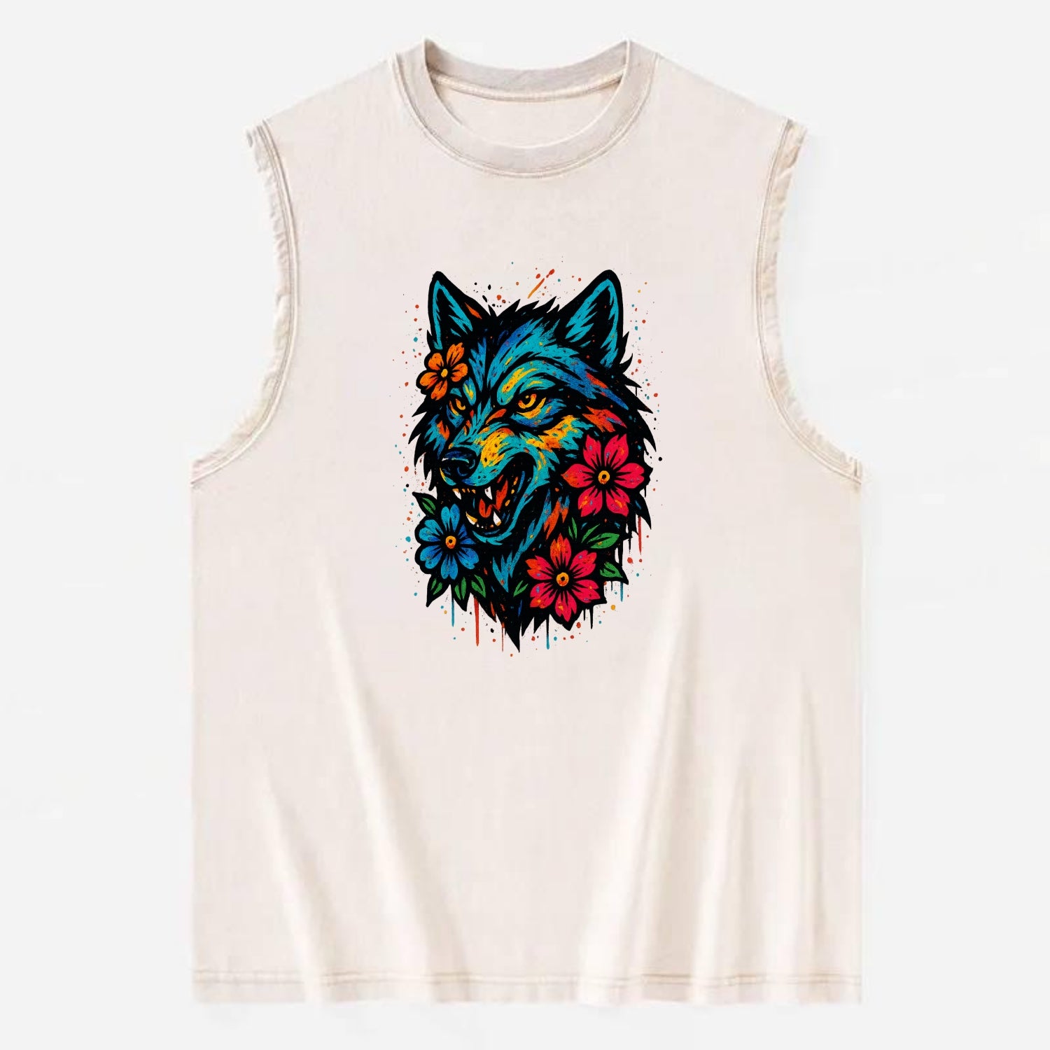 Floral Wolf Garden  - Vintage Washed Tank - Beige