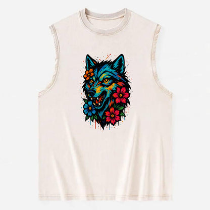 Floral Wolf Garden  - Vintage Washed Tank - Beige