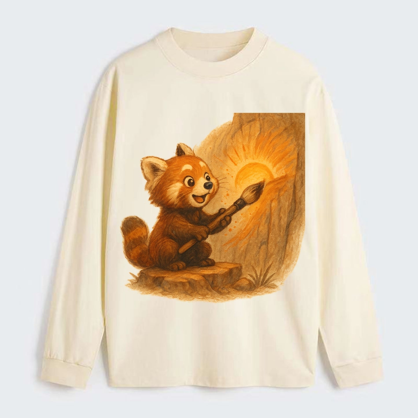 Red panda painting a sunrise mural with an oversized calligraphy brush - Classic Long Sleeve Shirt - Beige