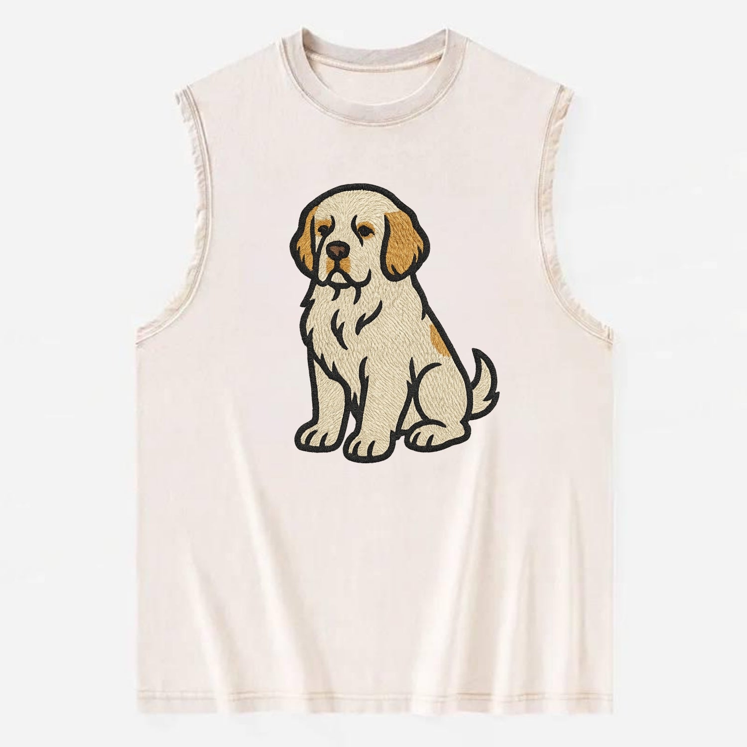 Clumber Spaniel - White with lemon markings embroidered pose - Vintage Washed Tank - Beige
