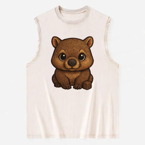 Baby Wombat - brown fur, square nose, small ears, dark eyes, front-facing, - Vintage Washed Tank