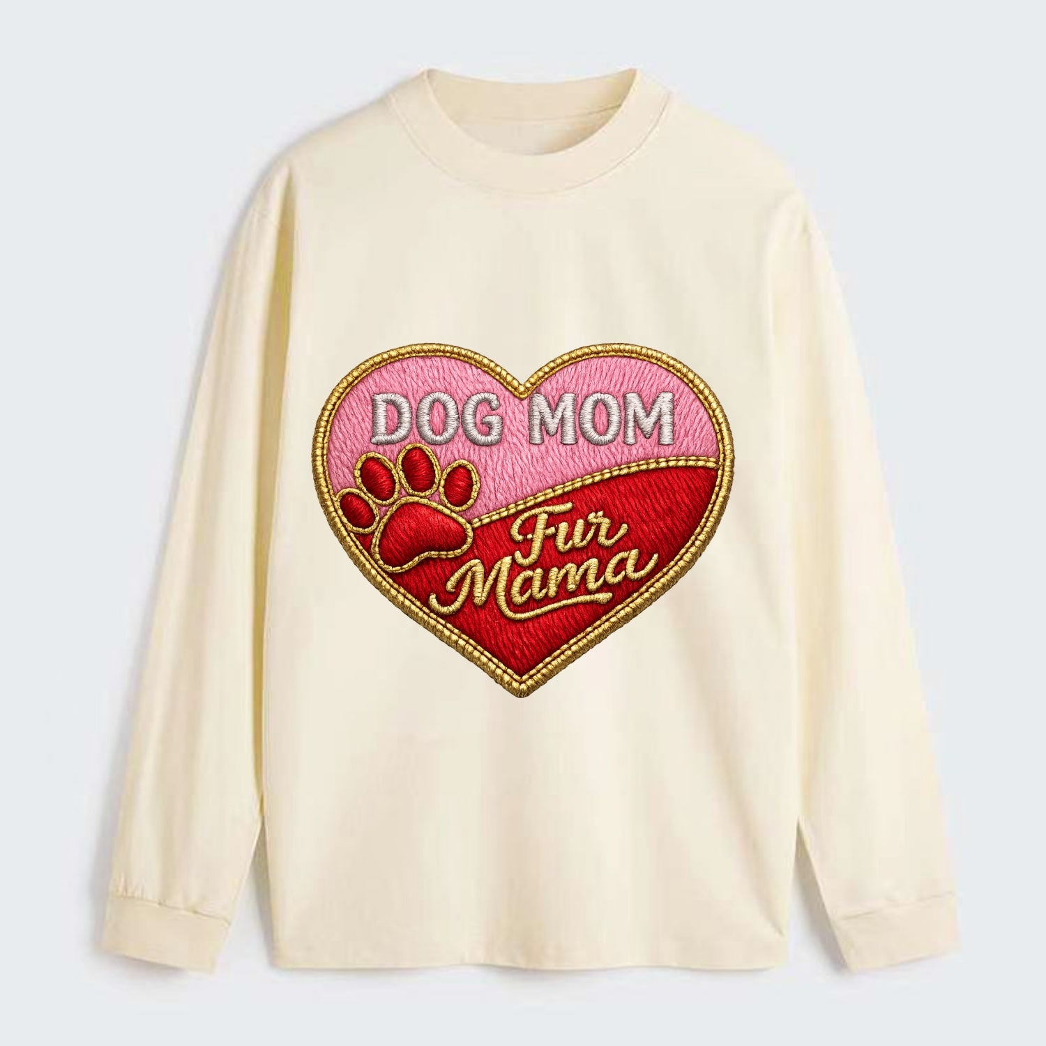 DOG MOM HEART - heart with paw print in pink and red , fur mama - Classic Long Sleeve Shirt - Beige