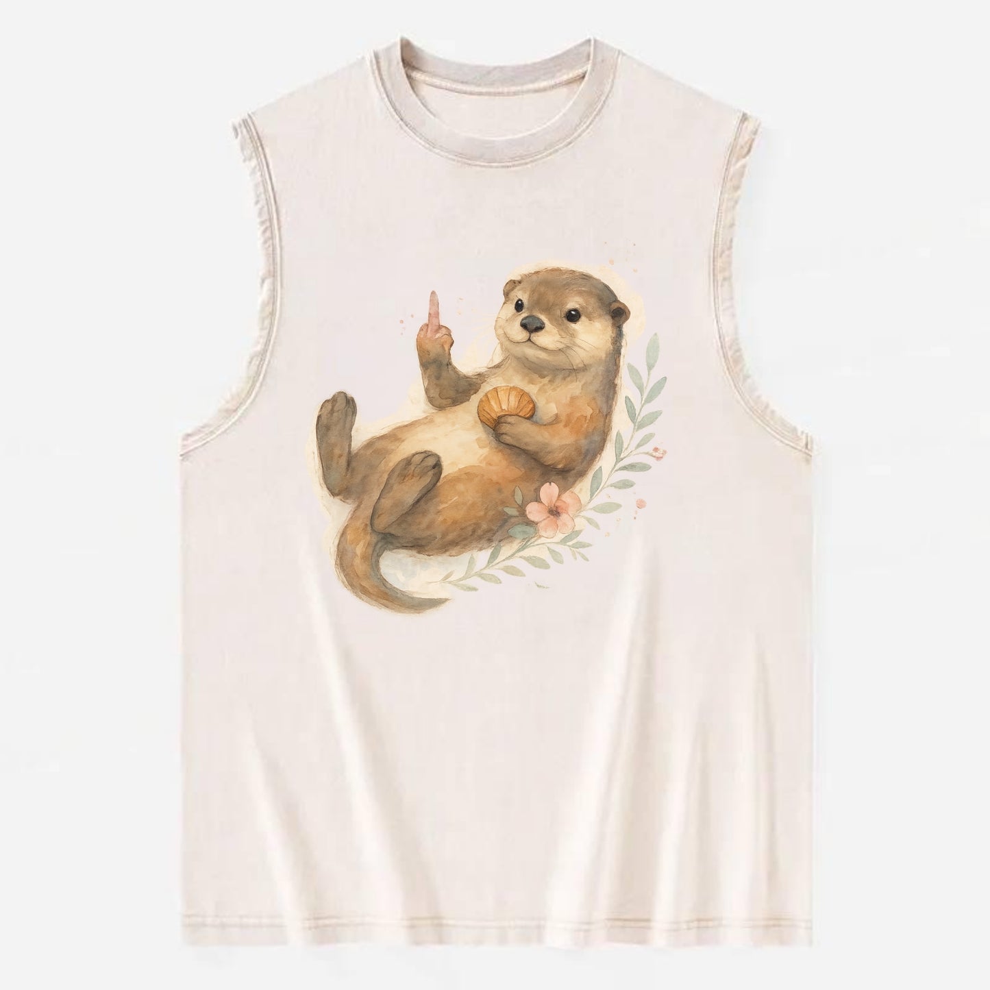 adorable otter floating on back, middle finger up while holding a shellfish - Vintage Washed Tank - Beige