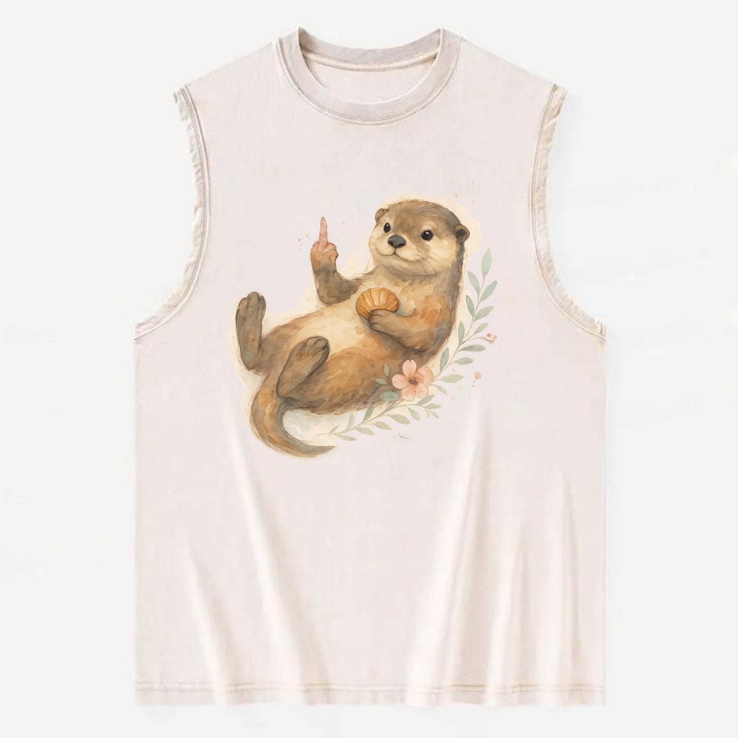 adorable otter floating on back, middle finger up while holding a shellfish - Vintage Washed Tank - Beige