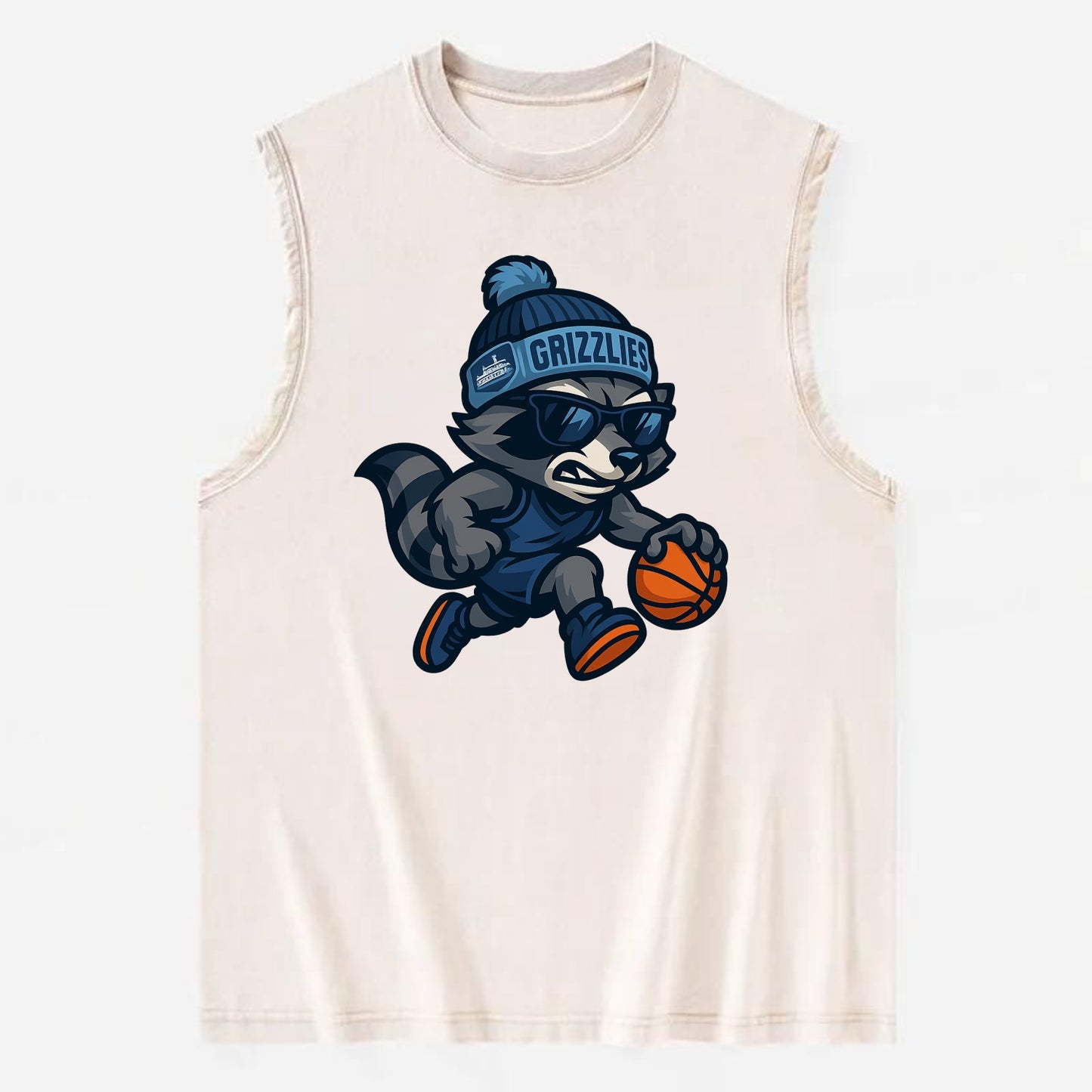 Memphis Raccoon wearing Grizzlies beanie with riverboat patch and wayfarer - Vintage Washed Tank - Beige
